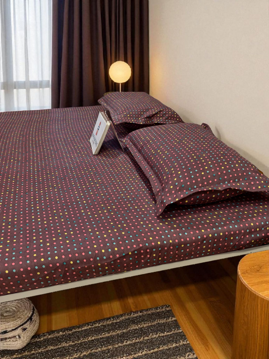 Geometric Queen Glaze  Cotton Bedsheet —Maroon Dots