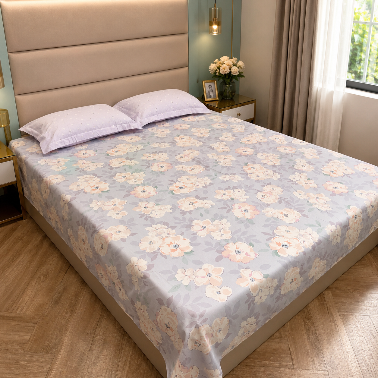 Floral Queen Pure Cotton Bedsheet —Pastel Blue