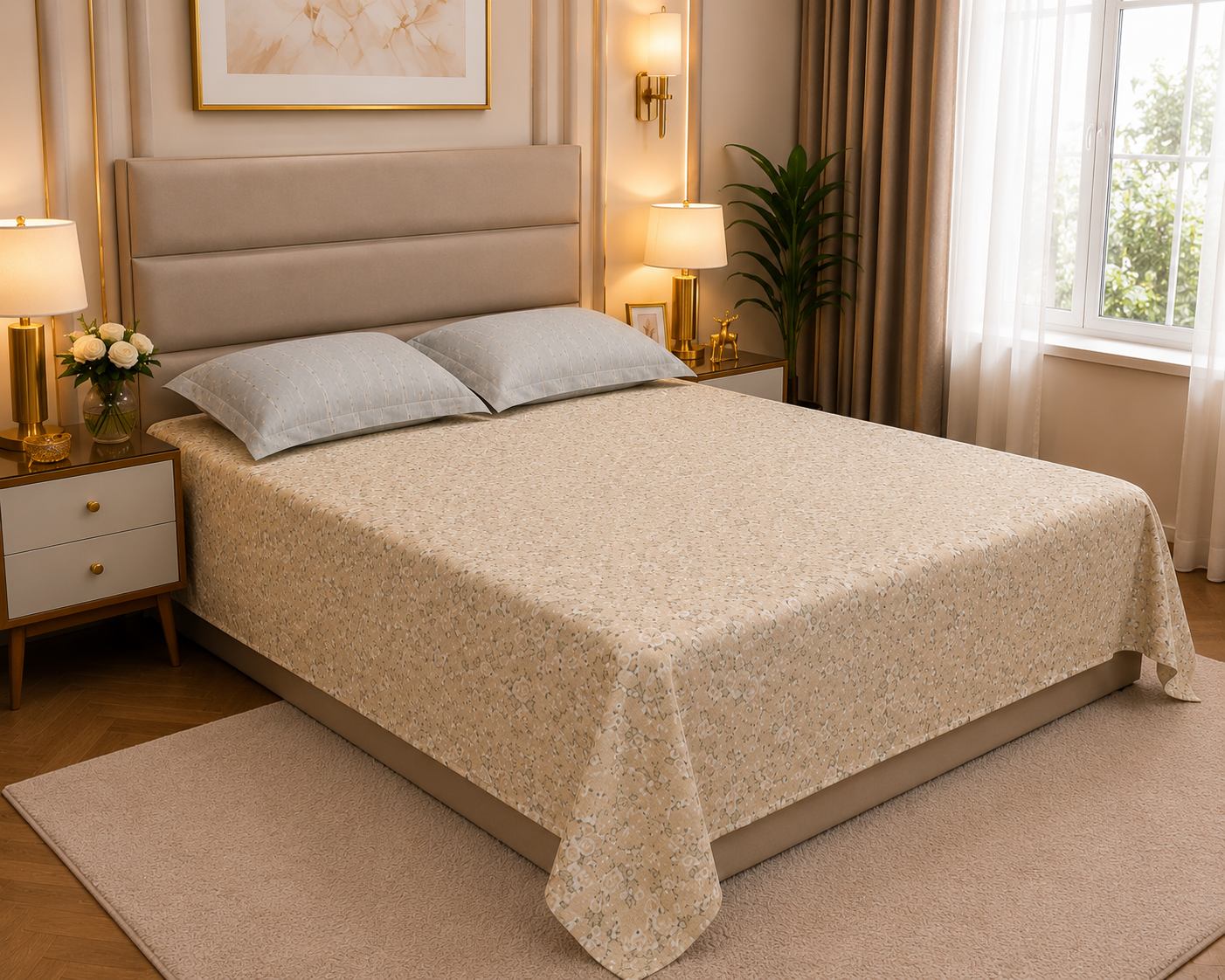 Floral Queen Pure Cotton Bedsheet —  Beige