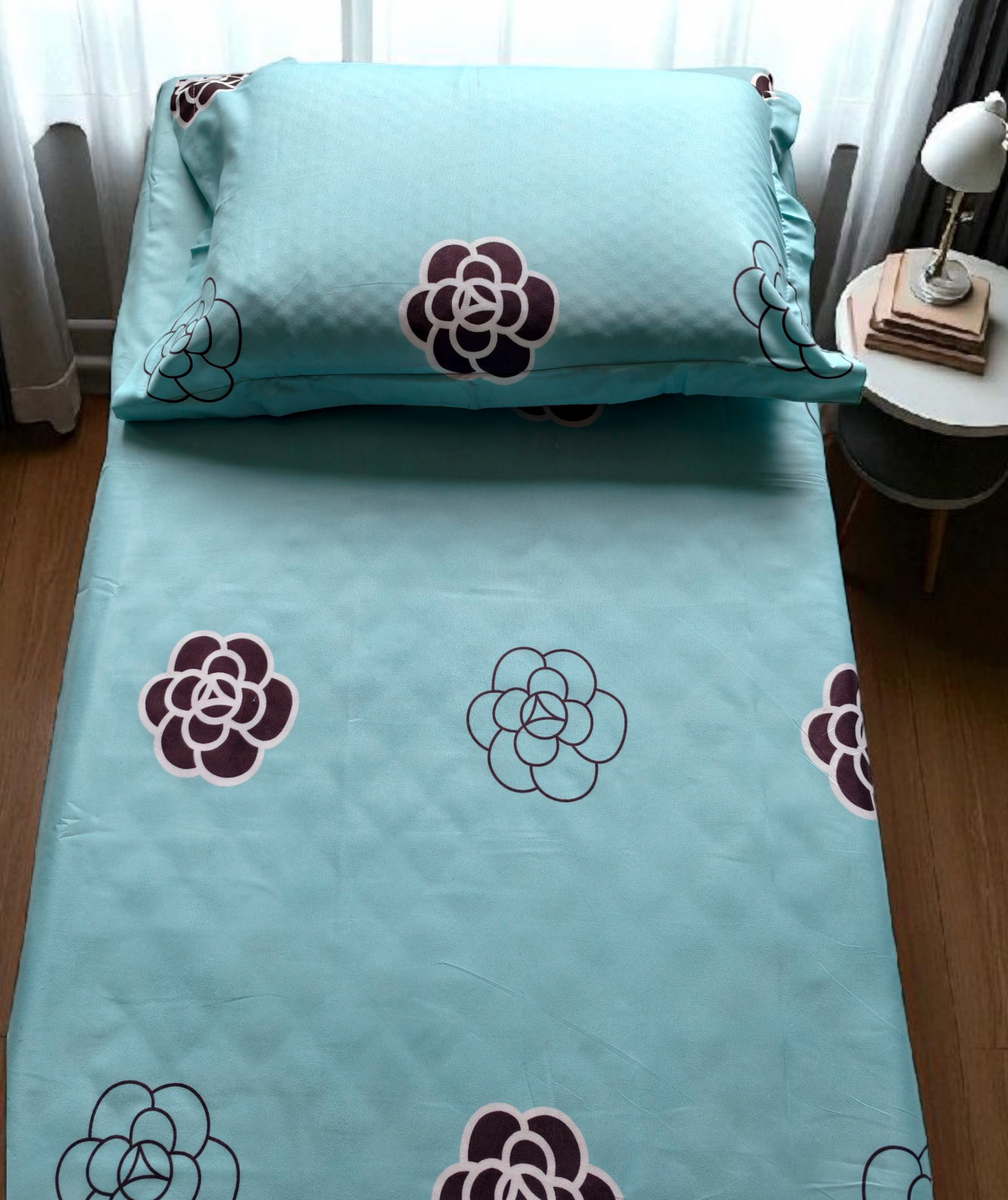 Floral Single Glaze  Cotton Bedsheet — Icy Blue