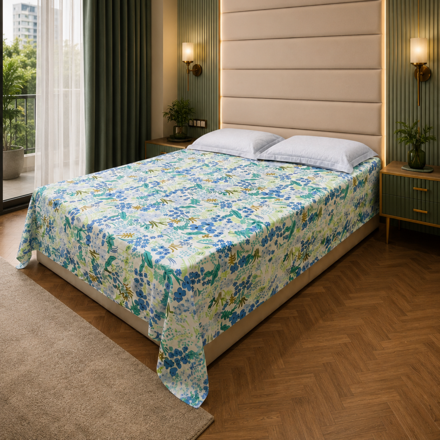 Floral King Pure Cotton Bedsheet —Aqua