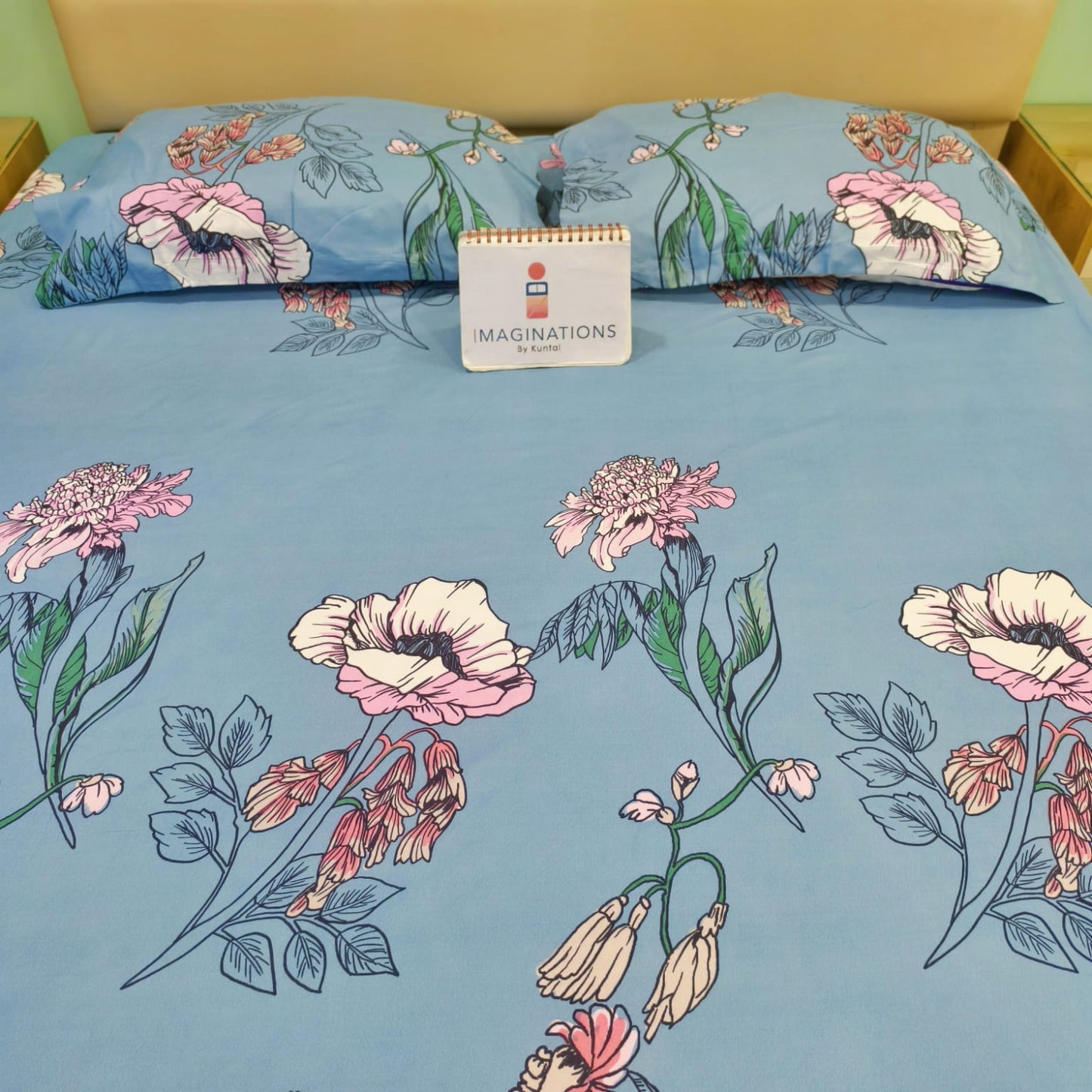 Floral Queen Glaze  Cotton Bedsheet — Blue-G02