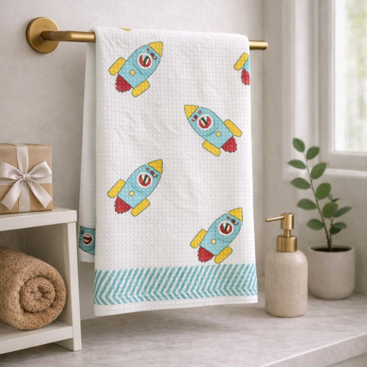 Kids Handblock Printed Waffle Towel-Rocket Ride