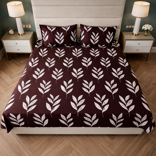 Floral Queen Glaze  Cotton Bedsheet — Brown Foliage
