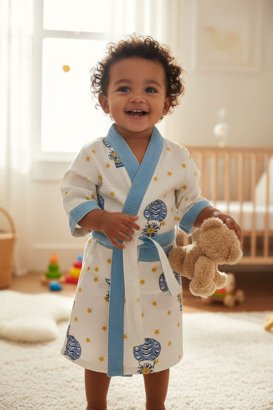 Kids Handblock Printed Waffle Bathrobe- Balloon Safari