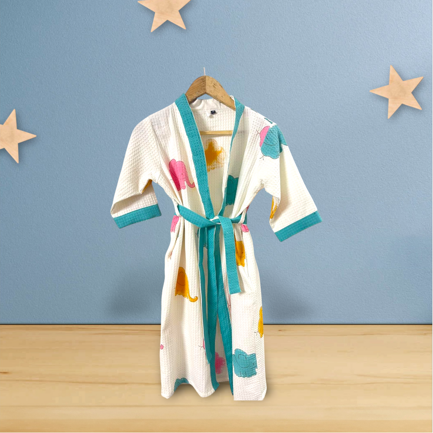 Kids Handblock Printed Waffle Bathrobe-Rainbow Elephants