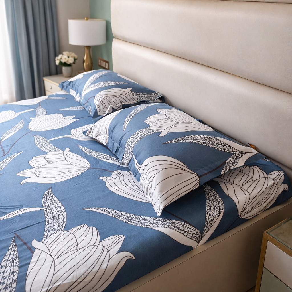 Floral Queen Glaze  Cotton Bedsheet —Aqua Flowers