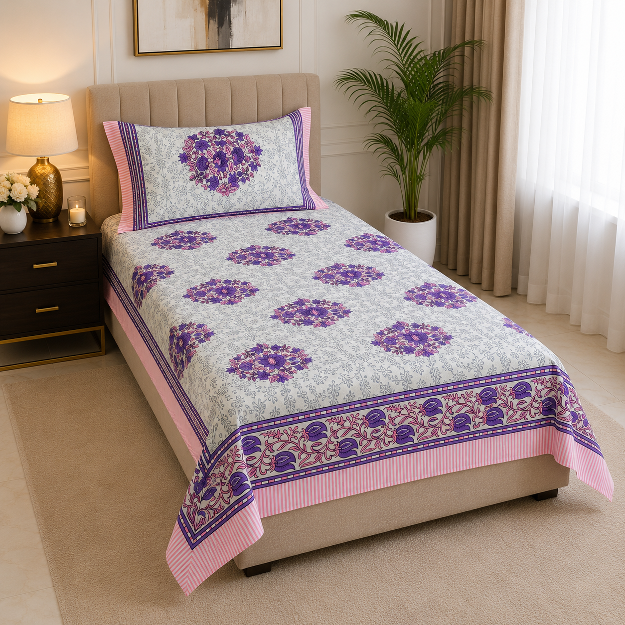 Floral Single Pure Cotton Bedsheet —Purple