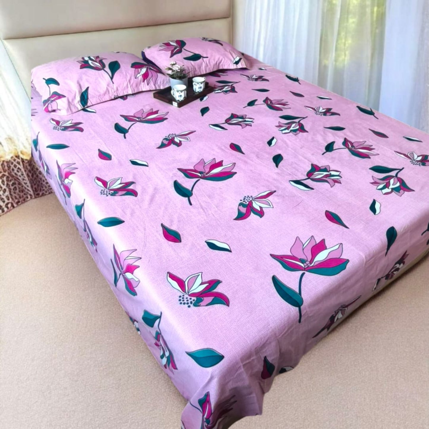 Floral Queen Glaze  Cotton Bedsheet — Pink