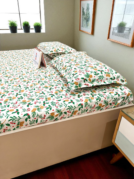 Floral Queen Glaze  Cotton Bedsheet — Green Cherries