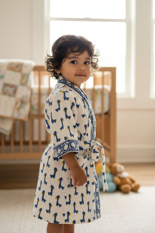 Kids Handblock Printed Waffle Bathrobe-Indigo Giraffe