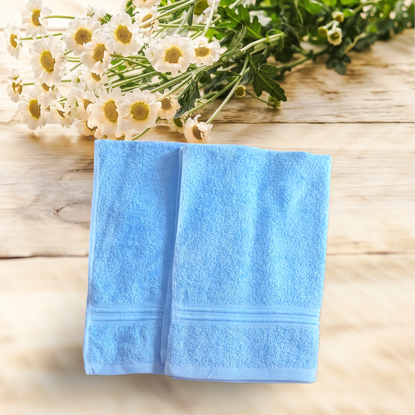 Premium Cotton Hand Towels- Sky Blue (Pair)