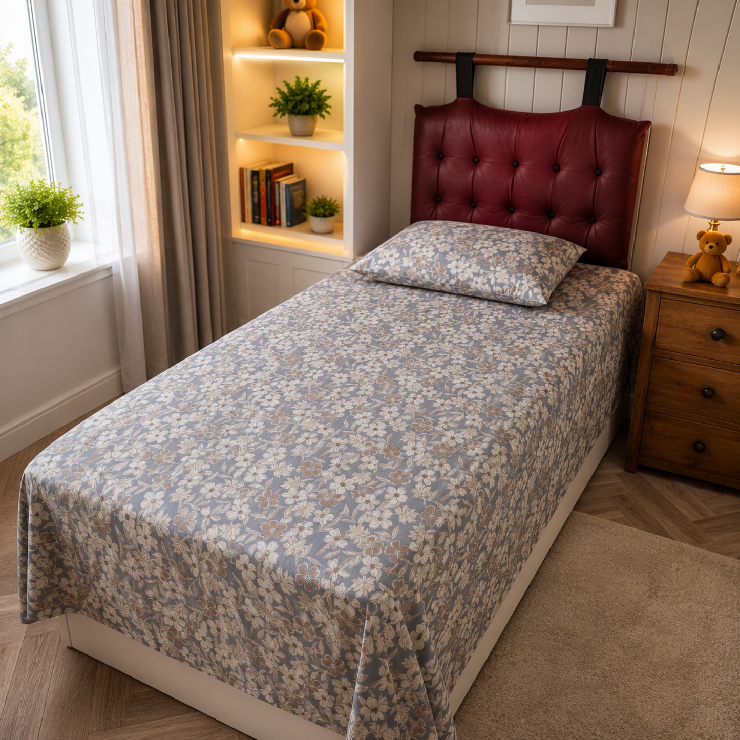 Floral Single Pure Cotton Bedsheet —Grey