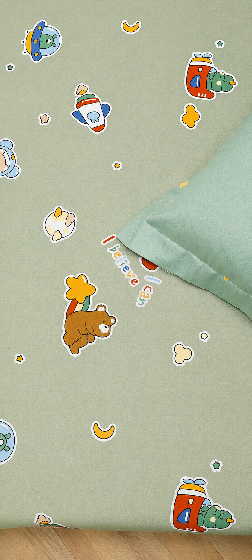 Astro Stories Kids King Pure Cotton Bedsheet-Green