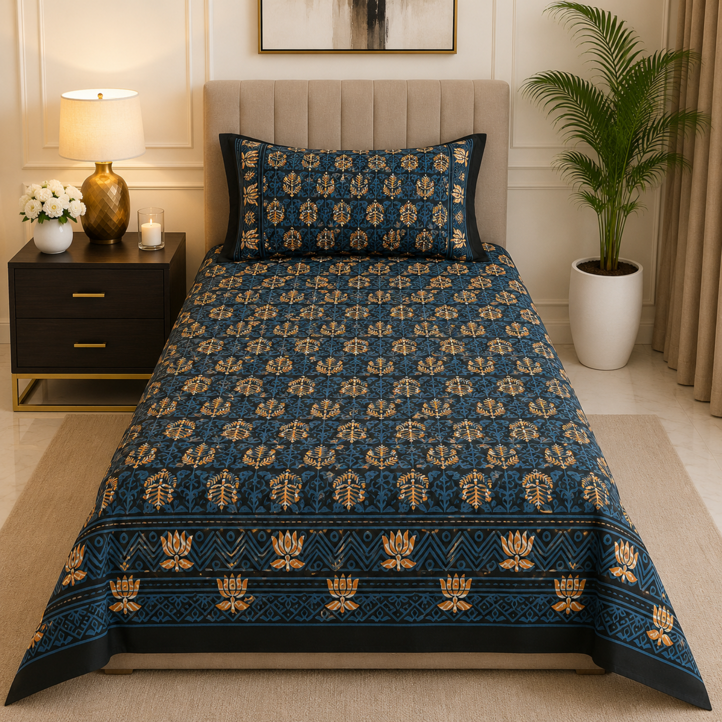 Floral Single Pure Cotton Bedsheet —Deep Grey