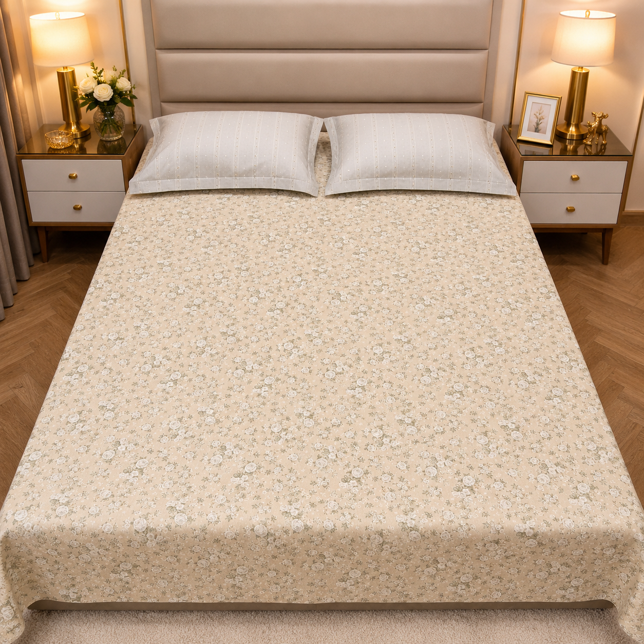 Floral Queen Pure Cotton Bedsheet —  Beige
