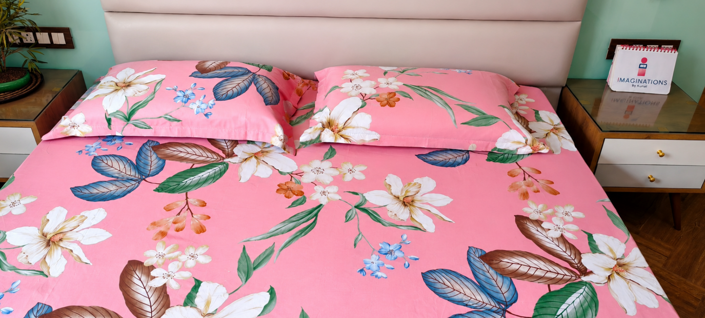 Floral King Pure Cotton Bedsheet — Deep Pink