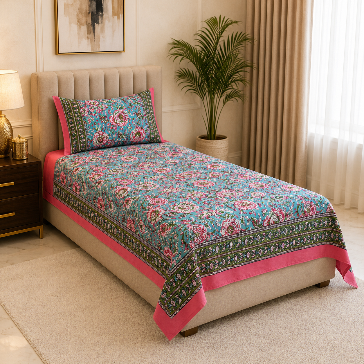 Floral Single Pure Cotton Bedsheet —Sea green