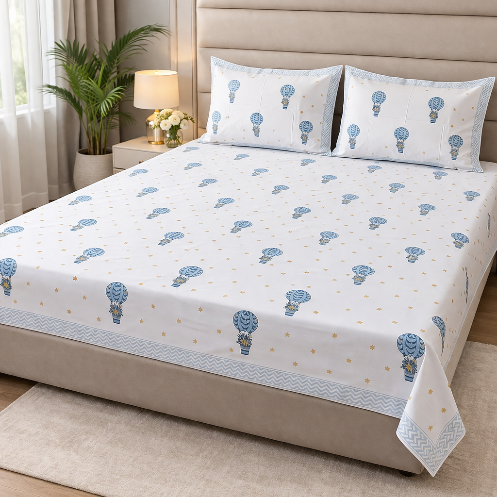 Hot Air Ballon Kids King Pure Cotton Bedsheet- Blue