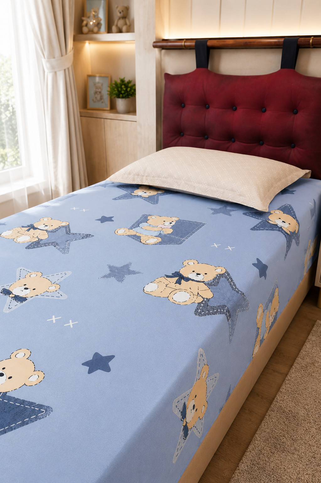 Kids Single Pure  Cotton Bedsheet — Blue Teddy