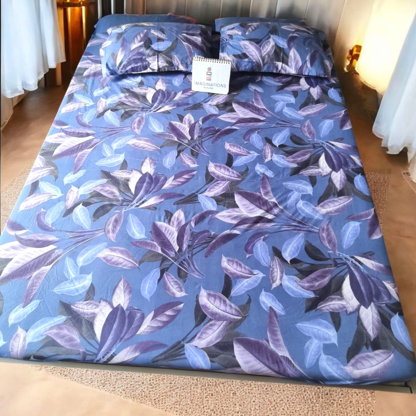 Floral Queen Glaze  Cotton Bedsheet — Blue- G01