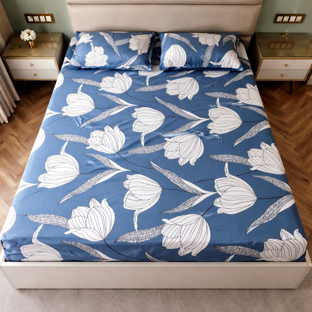 Floral Queen Glaze  Cotton Bedsheet —Aqua Flowers