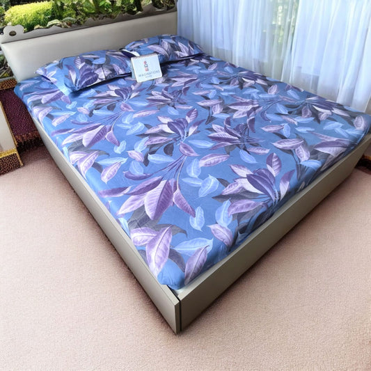 Floral Queen Glaze  Cotton Bedsheet — Blue- G01
