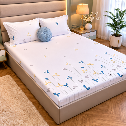 Floral King Pure Cotton Bedsheet — White-F02