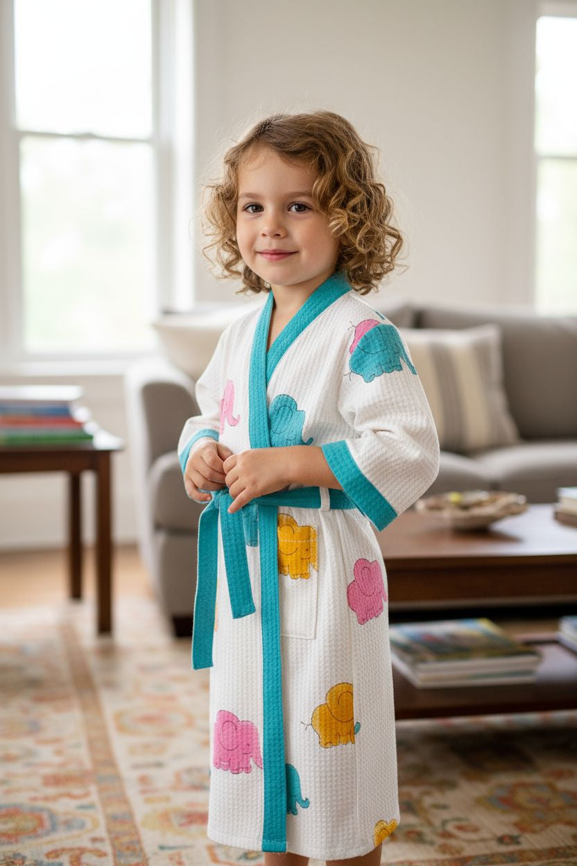 Kids Handblock Printed Waffle Bathrobe-Rainbow Elephants