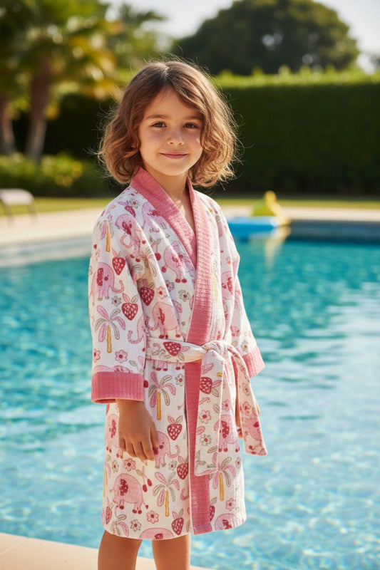 Kids Handblock Printed Waffle Bathrobe -Rosy Elephants