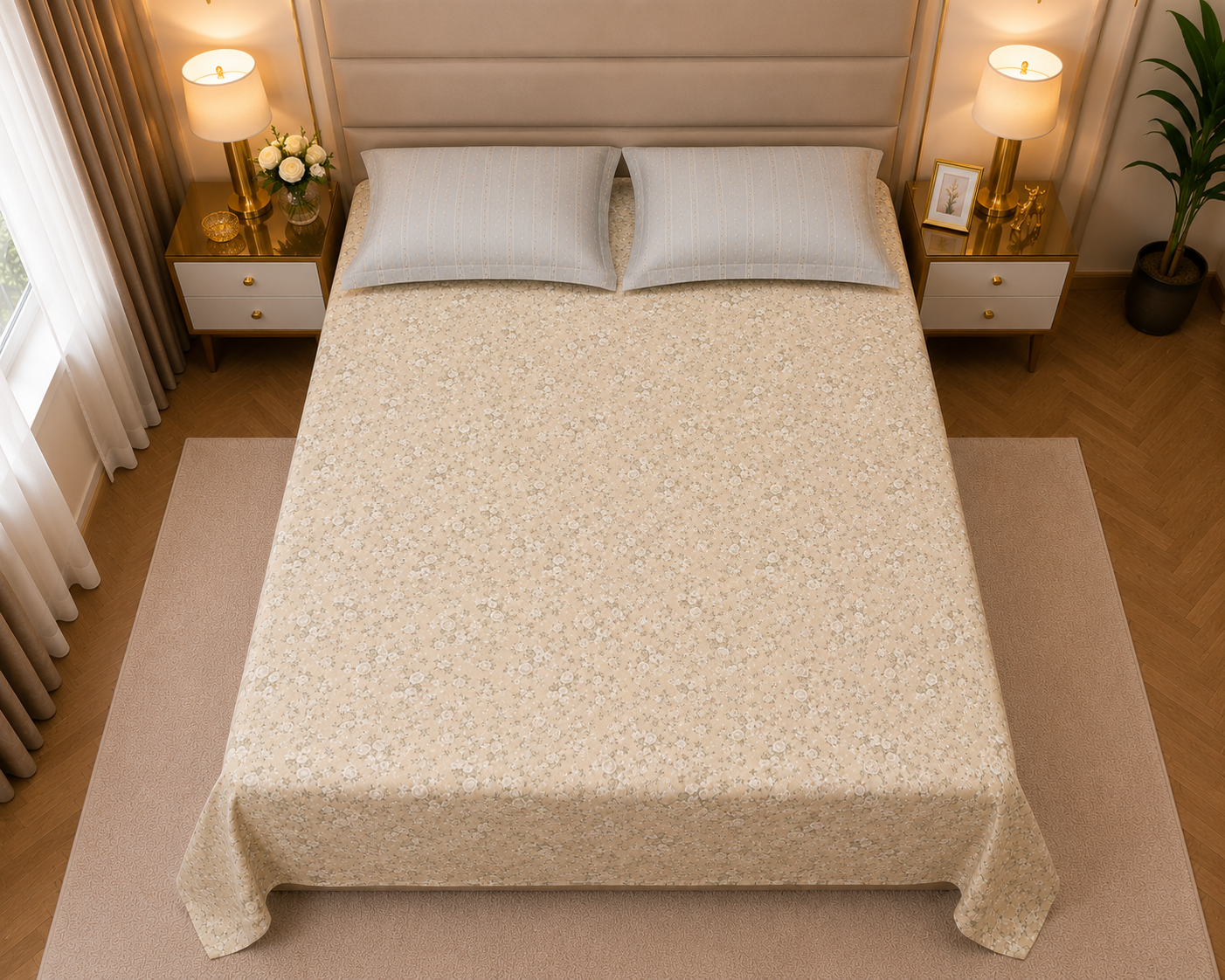 Floral Queen Pure Cotton Bedsheet —  Beige