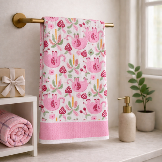 Kids Handblock Printed Waffle Towel-Rosy Elephants