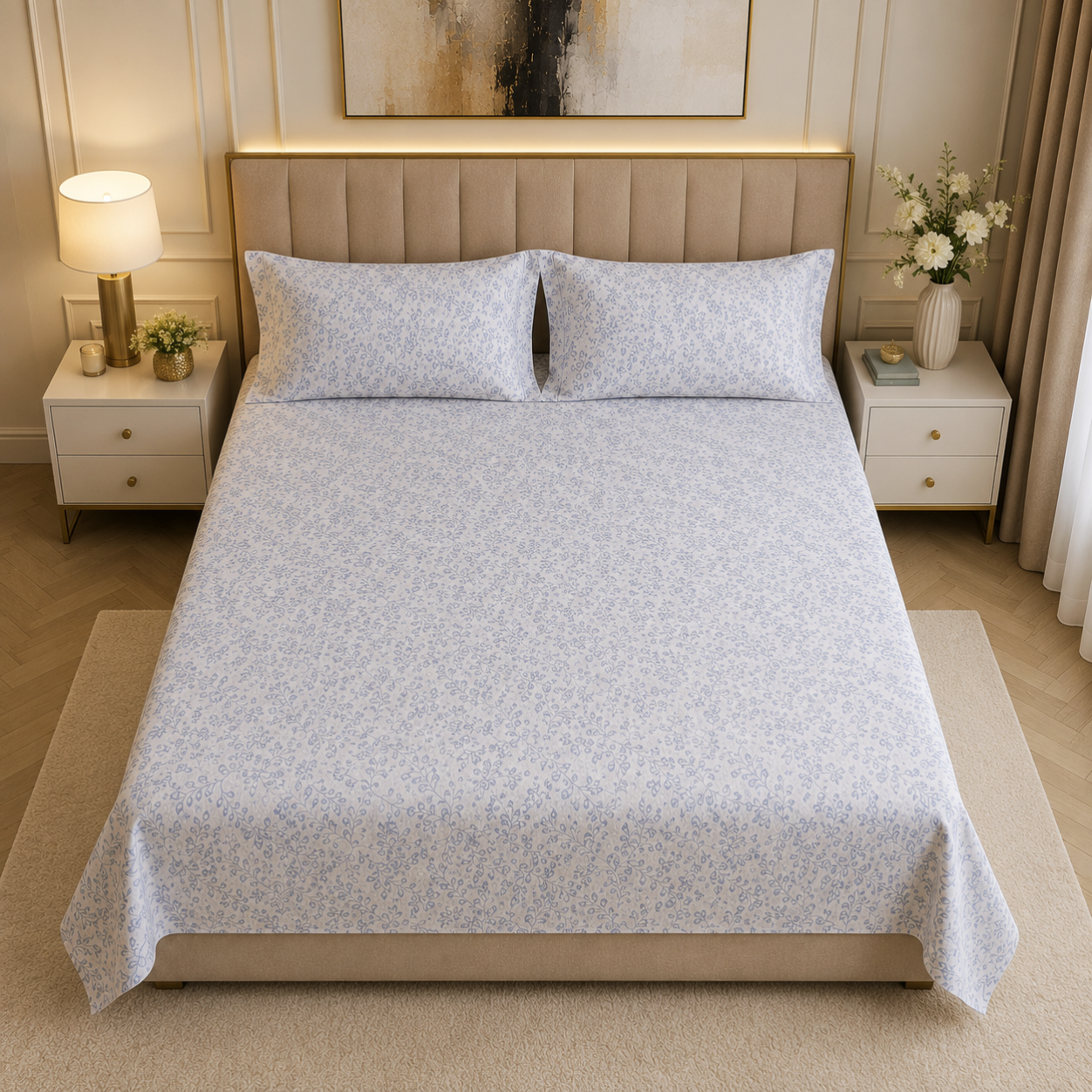 Floral Queen Glaze  Cotton Bedsheet — Blue