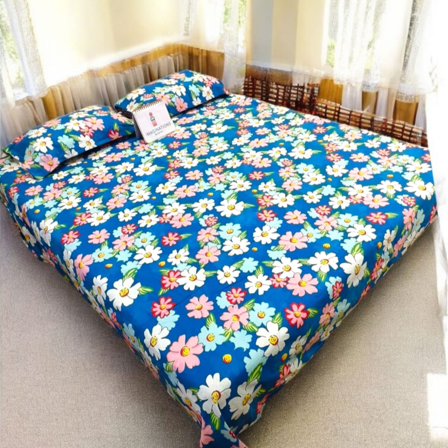 Floral Queen Glaze  Cotton Bedsheet — Blue- G05