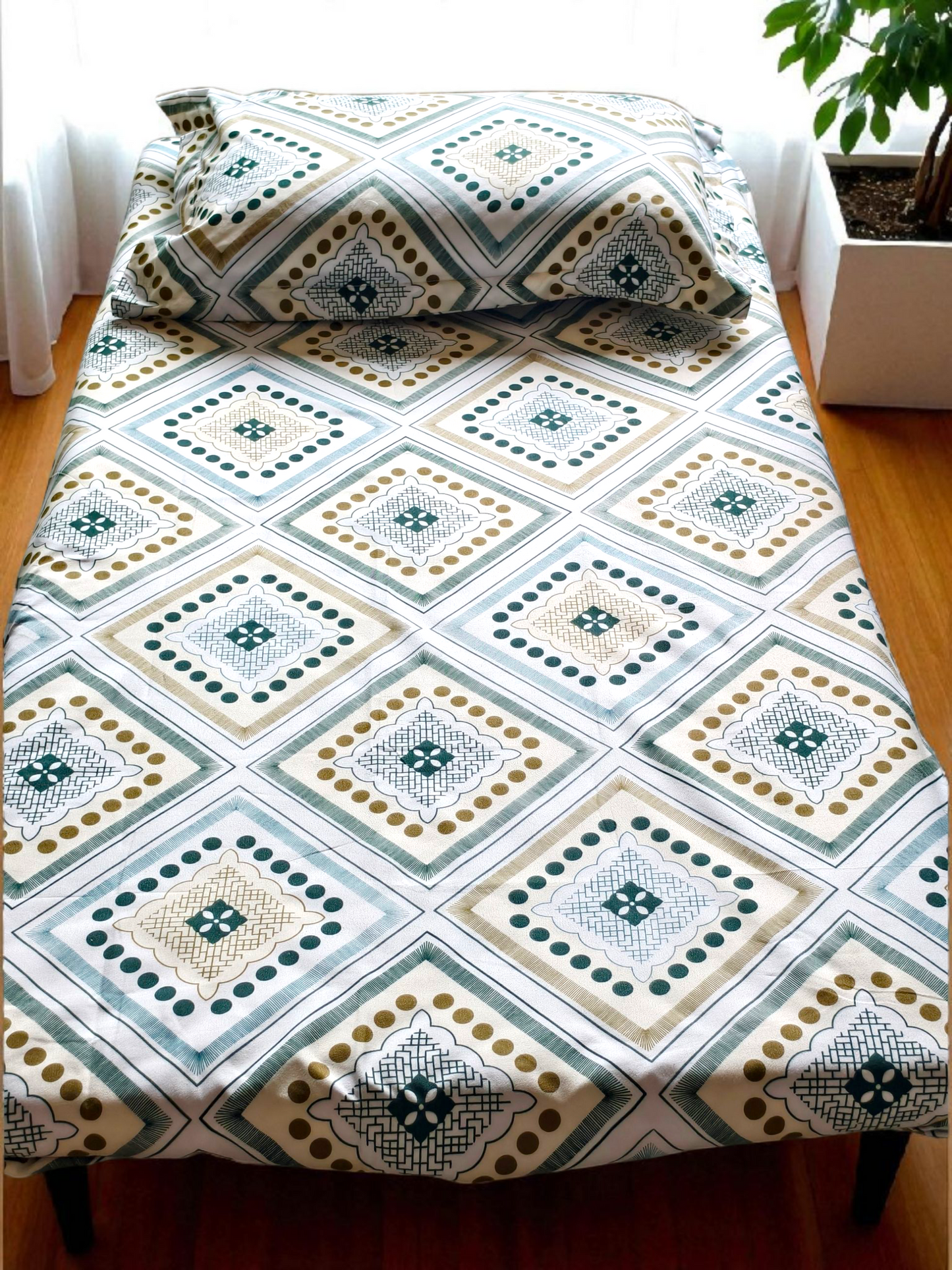 Geometric Single Glaze  Cotton Bedsheet — Green