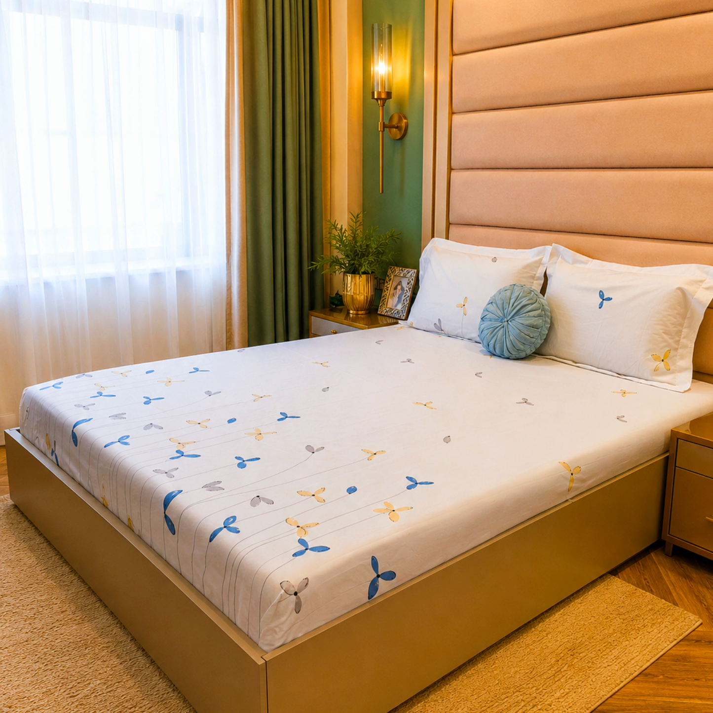 Floral King Pure Cotton Bedsheet — White-F02