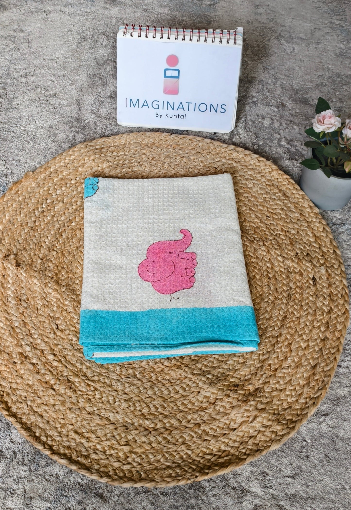 Kids Handblock Printed Waffle Towel-Rainbow Elephants