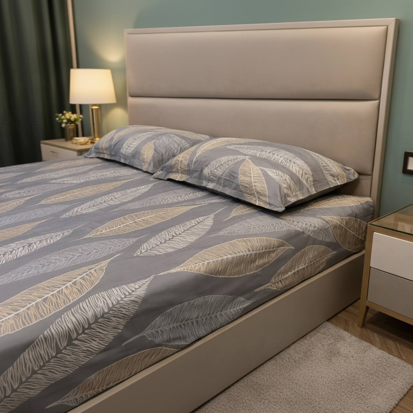 Floral Queen Pure Cotton Bedsheet —Grey Leafy Print