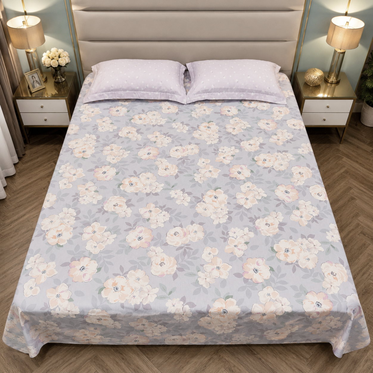 Floral Queen Pure Cotton Bedsheet —Pastel Blue