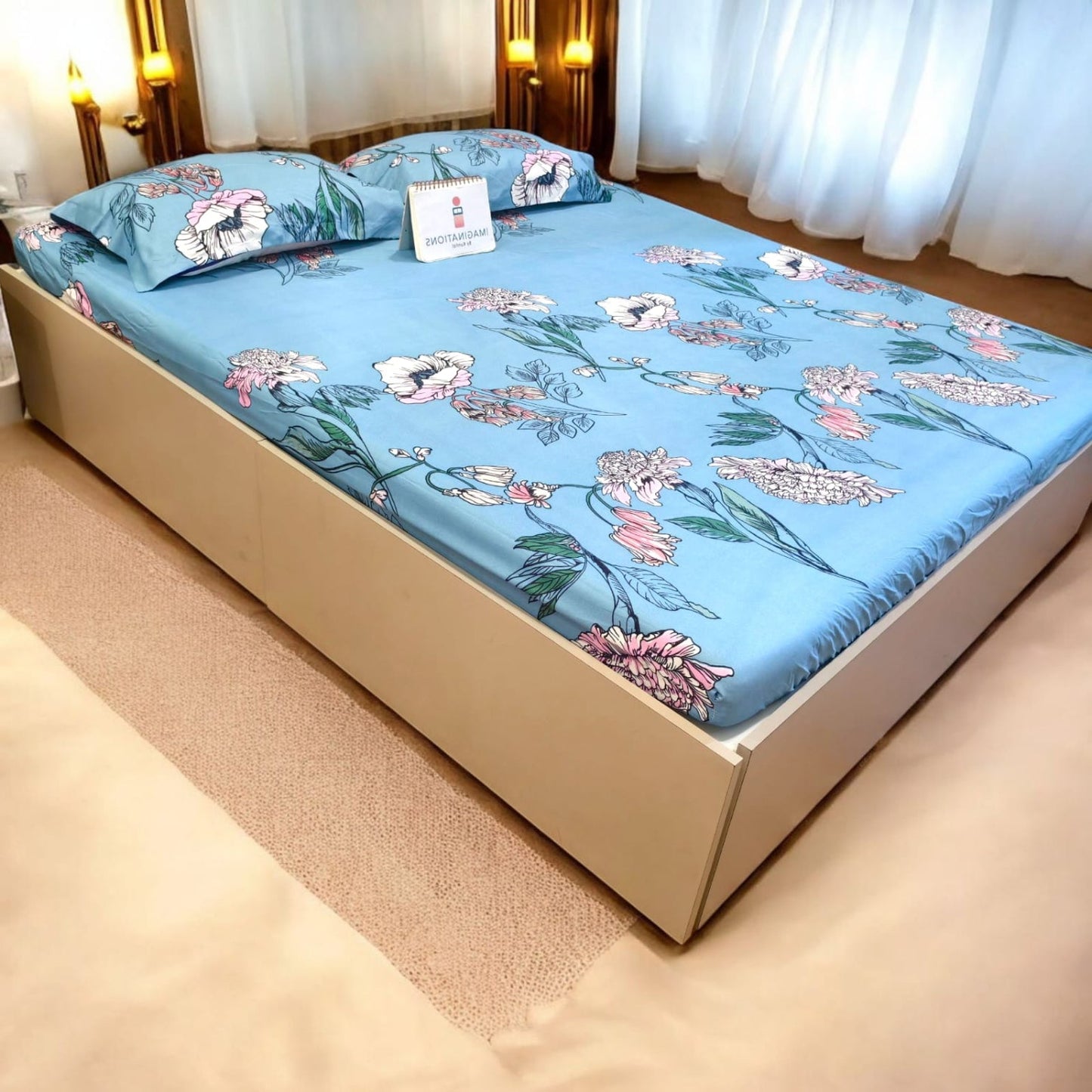 Floral Queen Glaze  Cotton Bedsheet — Blue-G02