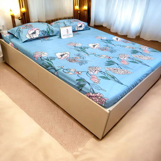 Floral Queen Glaze  Cotton Bedsheet — Blue-G02