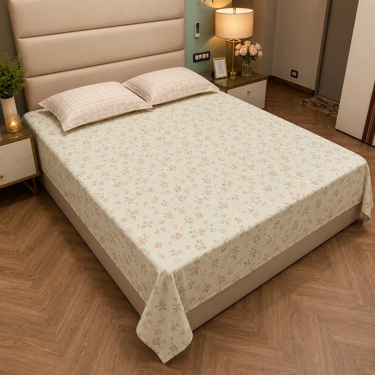 Floral Queen Pure Cotton Bedsheet —Cream