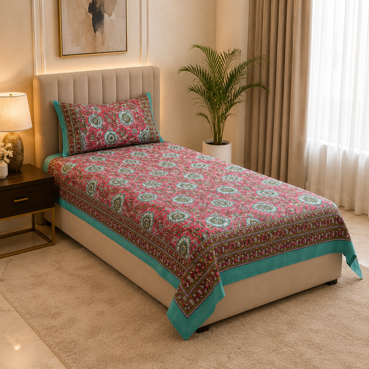 Floral Single Pure Cotton Bedsheet —Pink