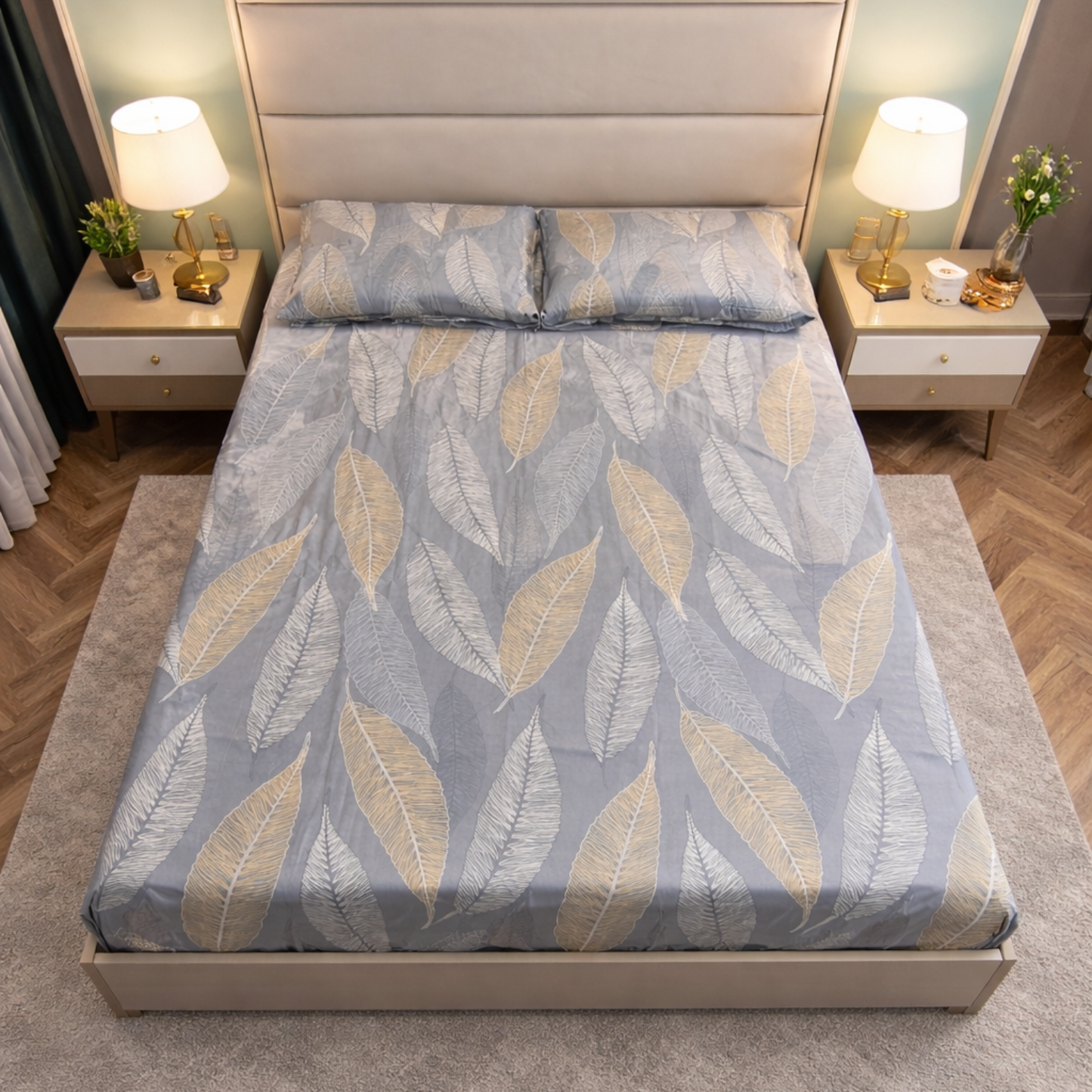 Floral Queen Pure Cotton Bedsheet —Grey Leafy Print