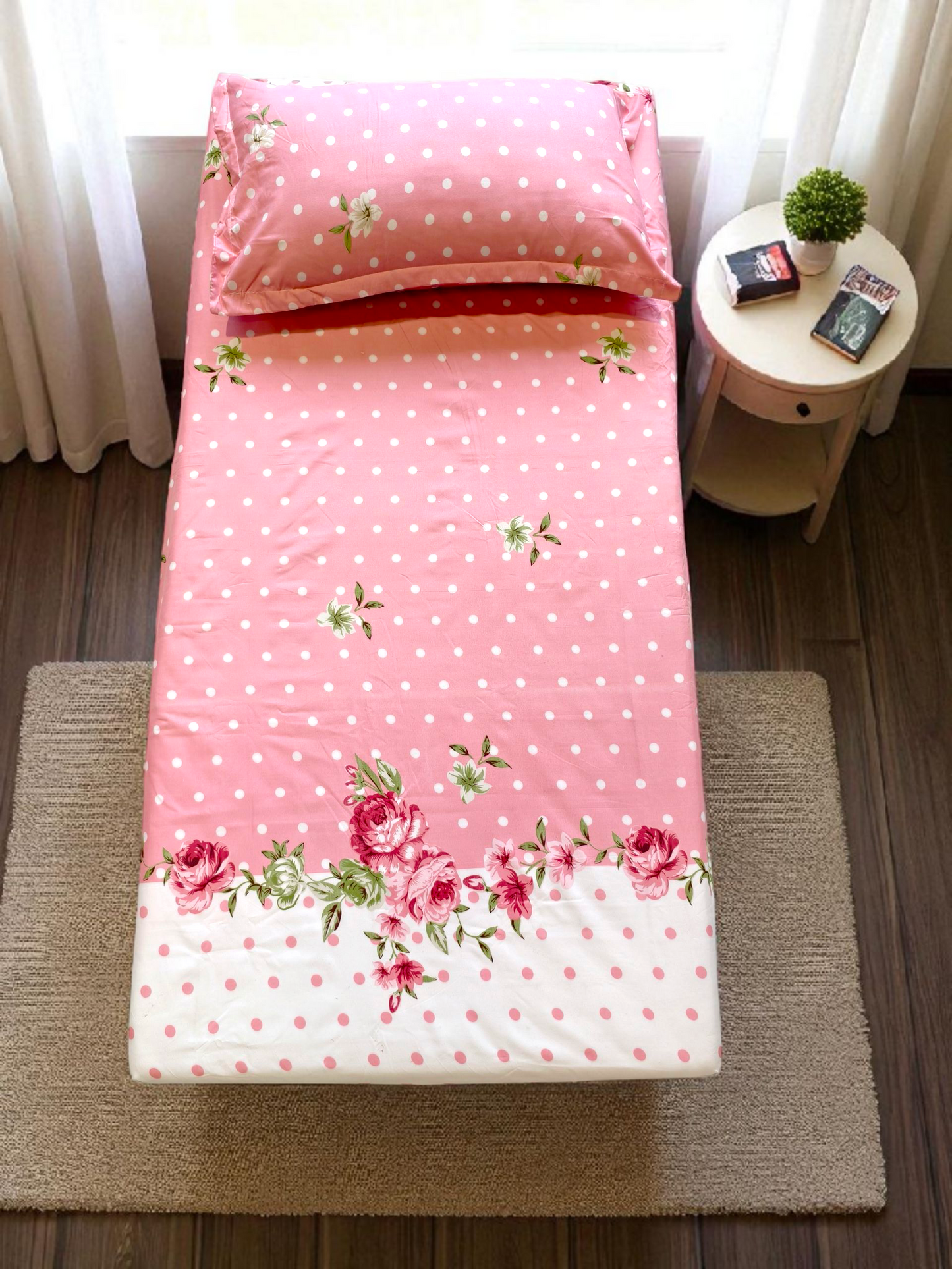 Floral Single Glaze  Cotton Bedsheet — Pastel Pink