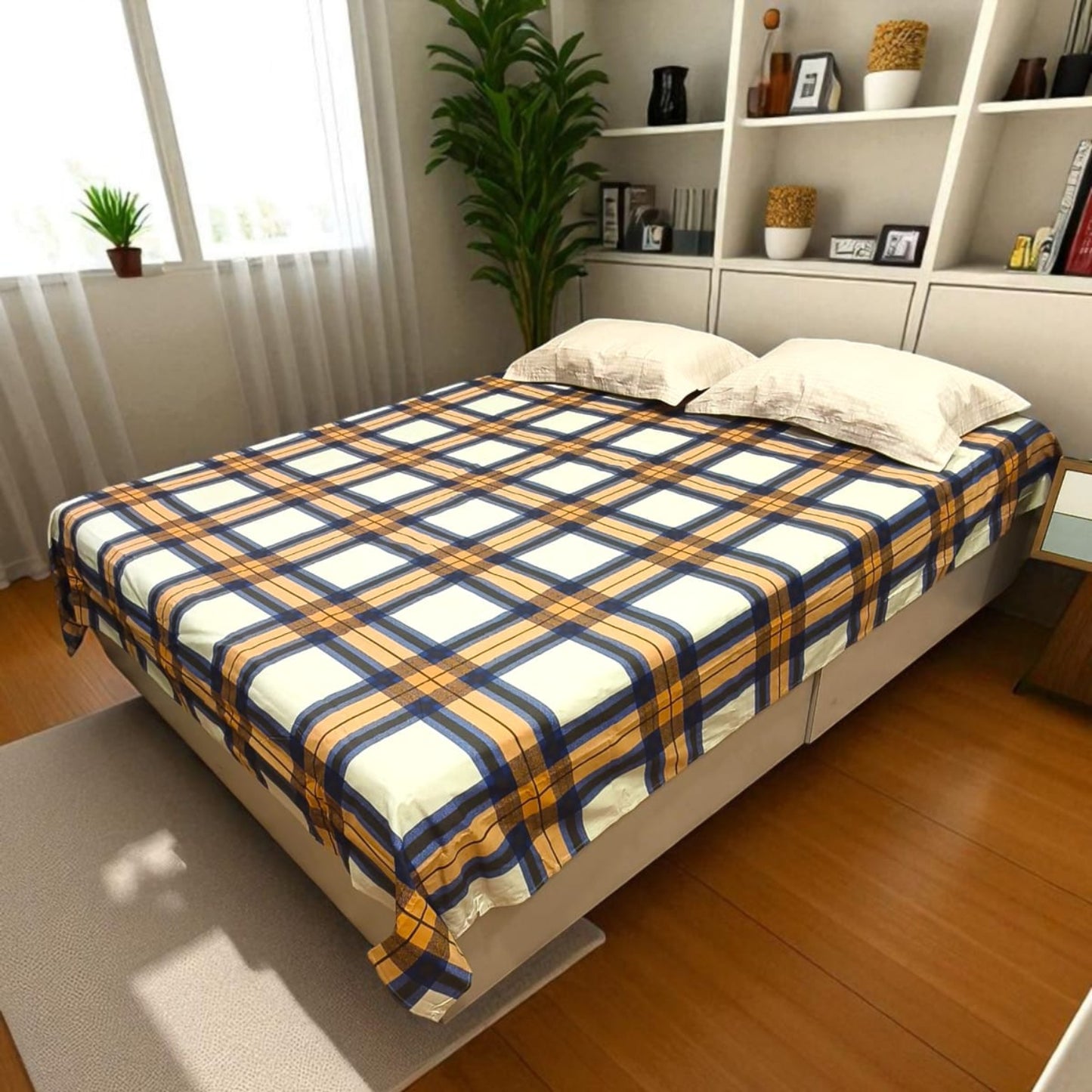 Geometric Queen Pure Cotton Bedsheet — Multicolour Checks