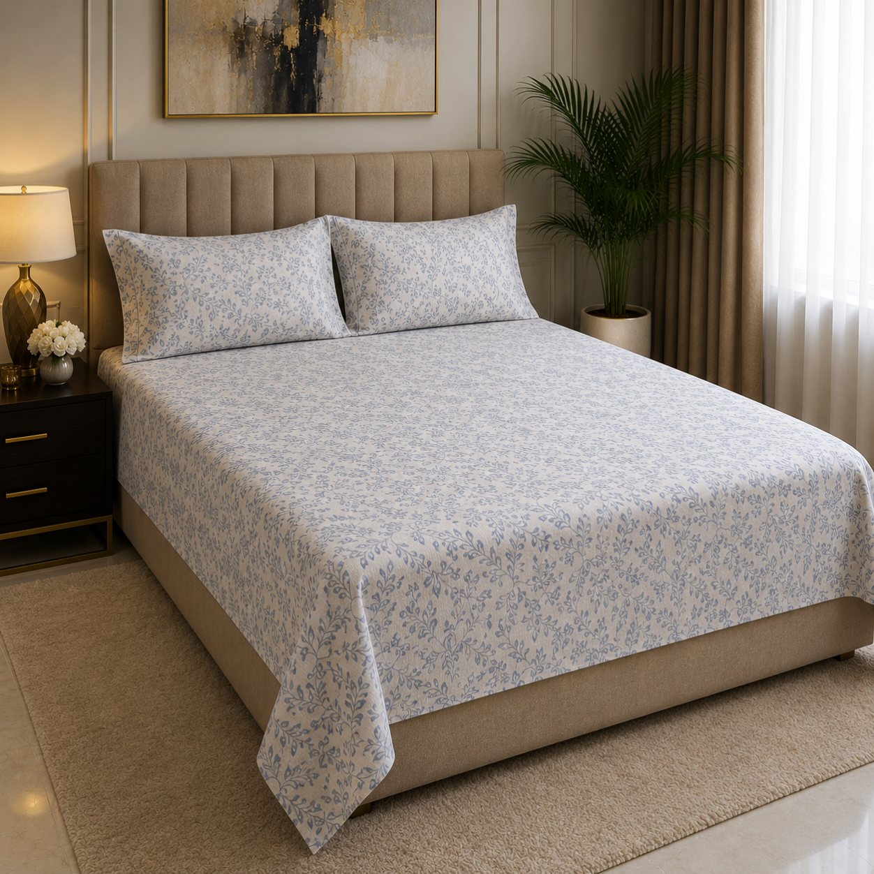 Floral Queen Glaze  Cotton Bedsheet — Blue