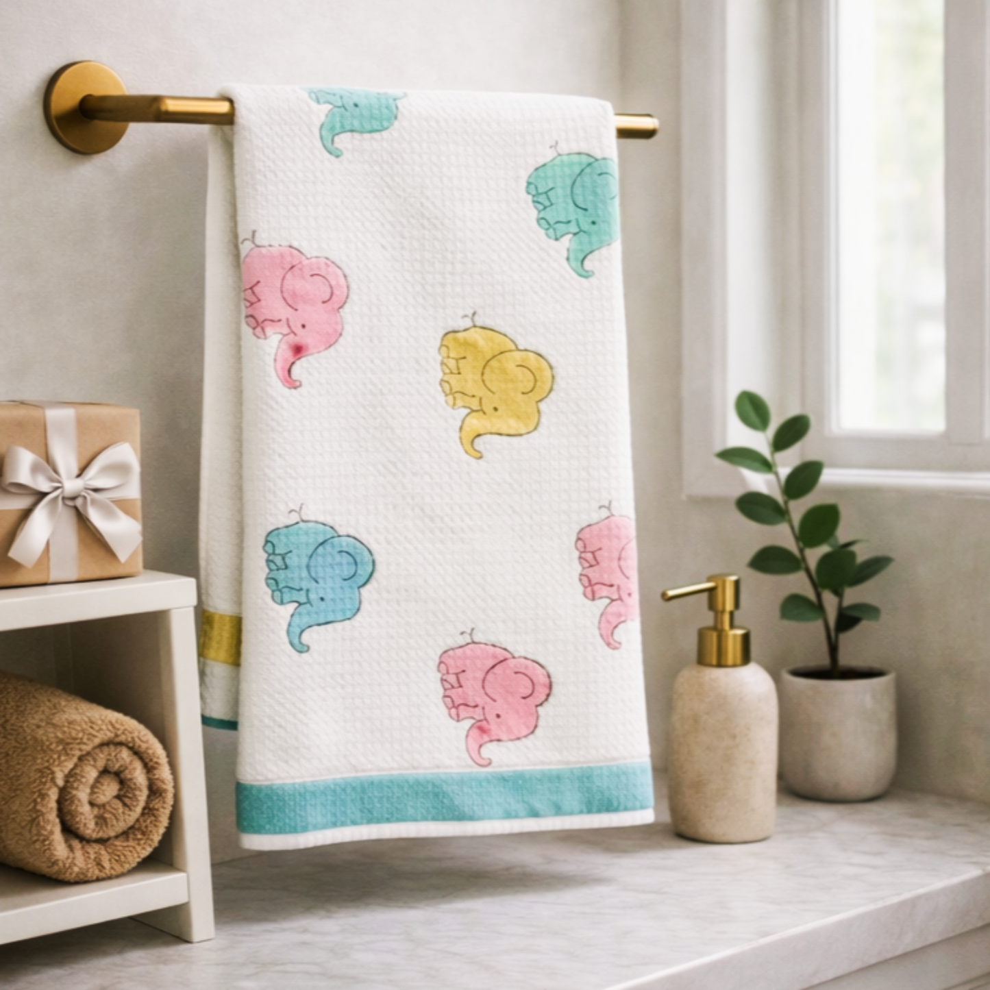 Kids Handblock Printed Waffle Towel-Rainbow Elephants