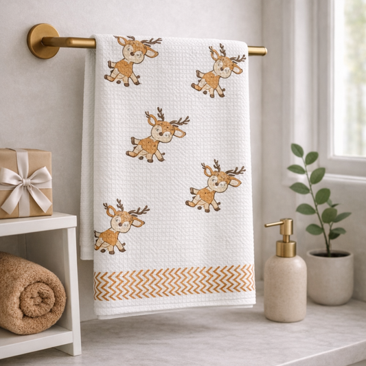 Kids Handblock Printed Waffle Towel-Fawn Friends