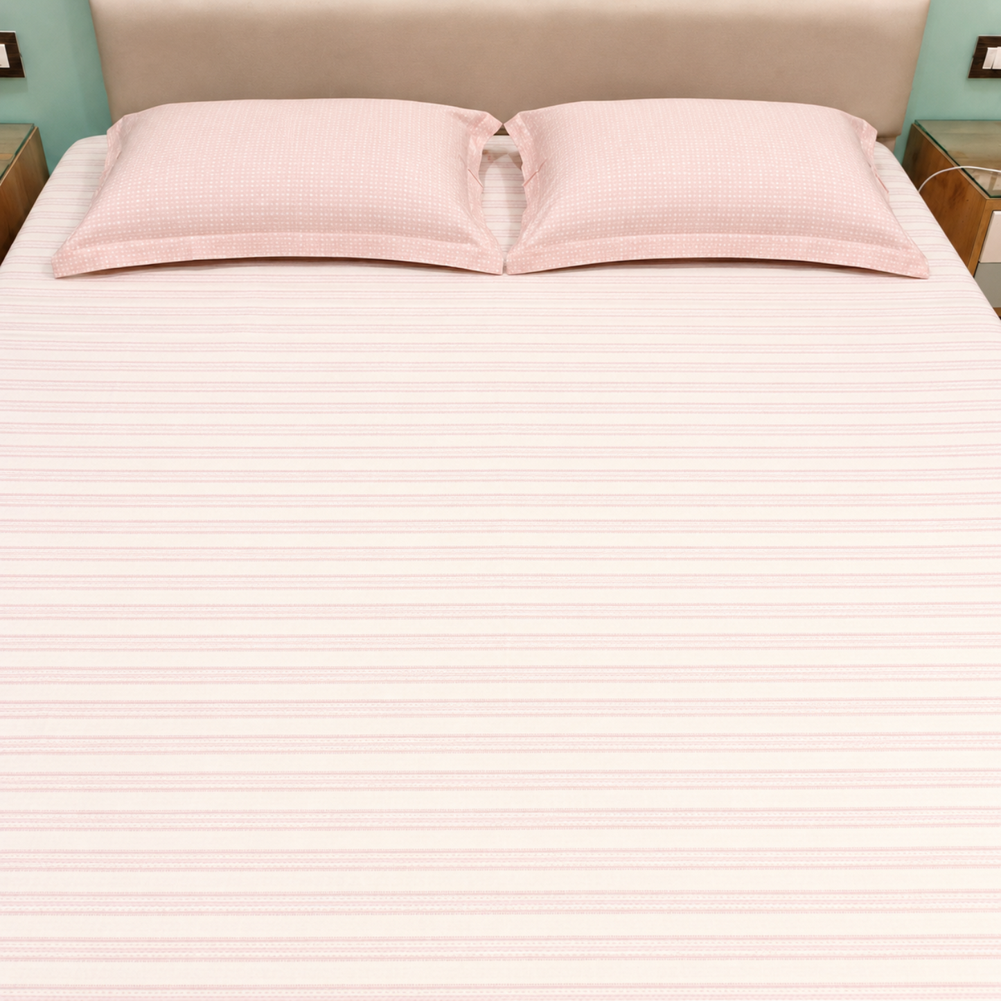Geometric Queen Pure Cotton Bedsheet — Pink Stripes